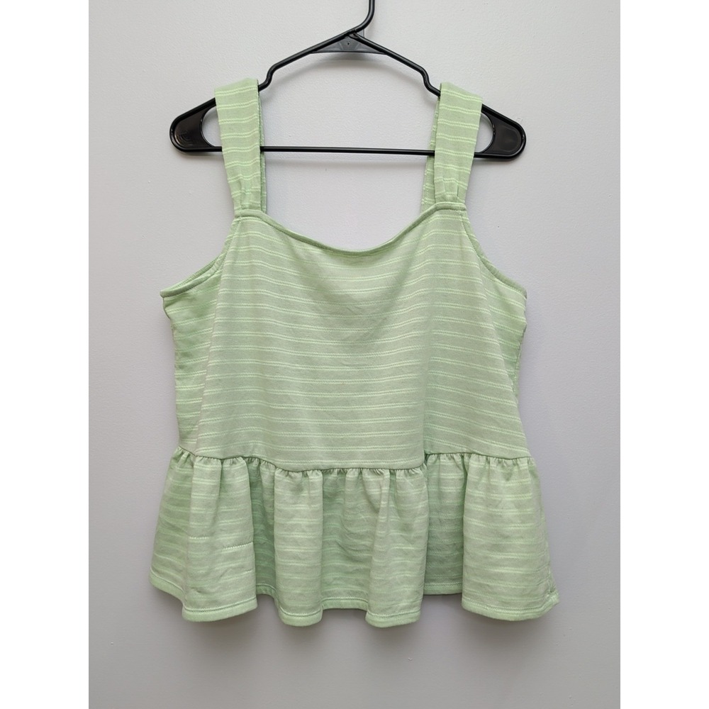 DR2 ANA Women's Striped Peplum Tank Top Cameo Green Sz L Wide Straps Ruffled Hem